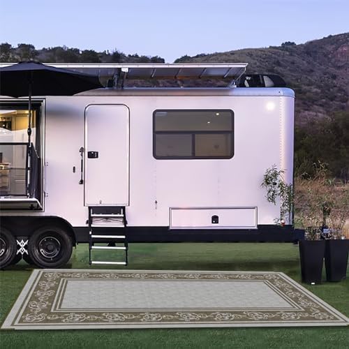 EEZ RV Products 9'x18' GW Heavy Duty Reversible/Durable Outdoor Patio/RVing Mats(9ft x18ft Grey) Come with Large Storage Bag & 6 Sets of Stakes and Washer