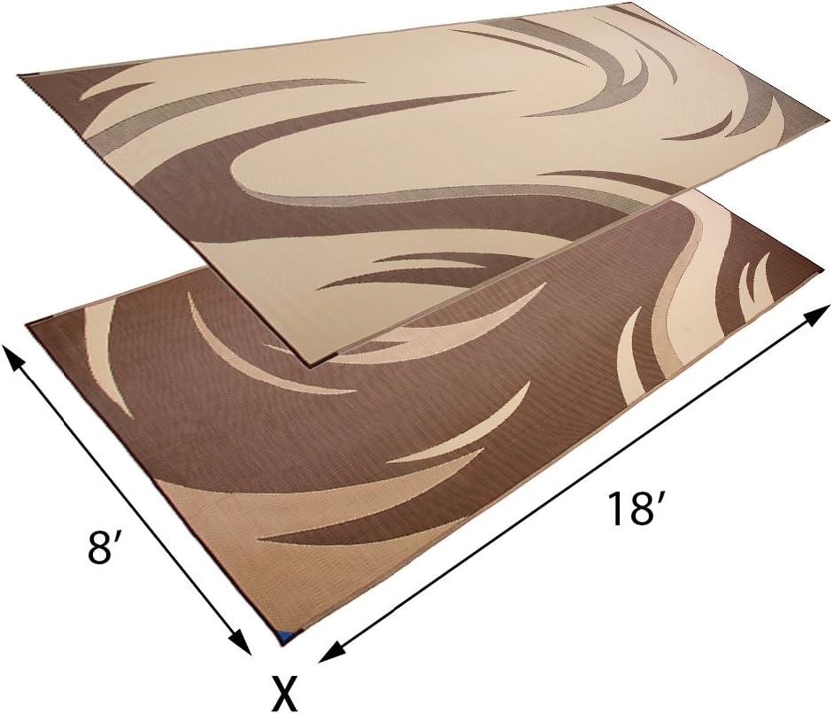 Stylish Camping SD8187 8-Feet x 18-Feet Graphic Swish RV Reversible Patio Mat, Brown/Tan