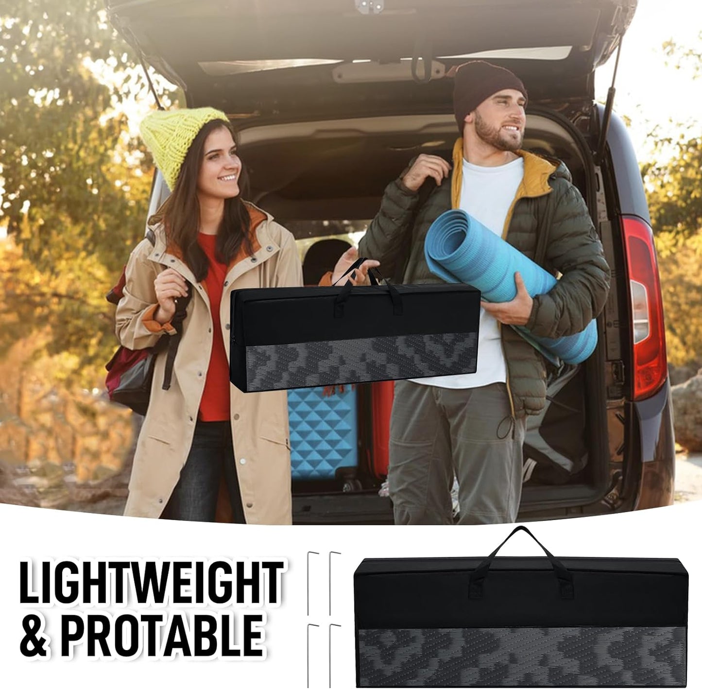 Outdoor Camping Rug Waterproof 9x18FT, Large Reversible Stain&UV Resistant Plastic Straw RV Rug for Outside Patio Pool Deck Beach Indoor, Area Carpet Mat with Portable Bag&4 Stakes-Black Grey Rhombus