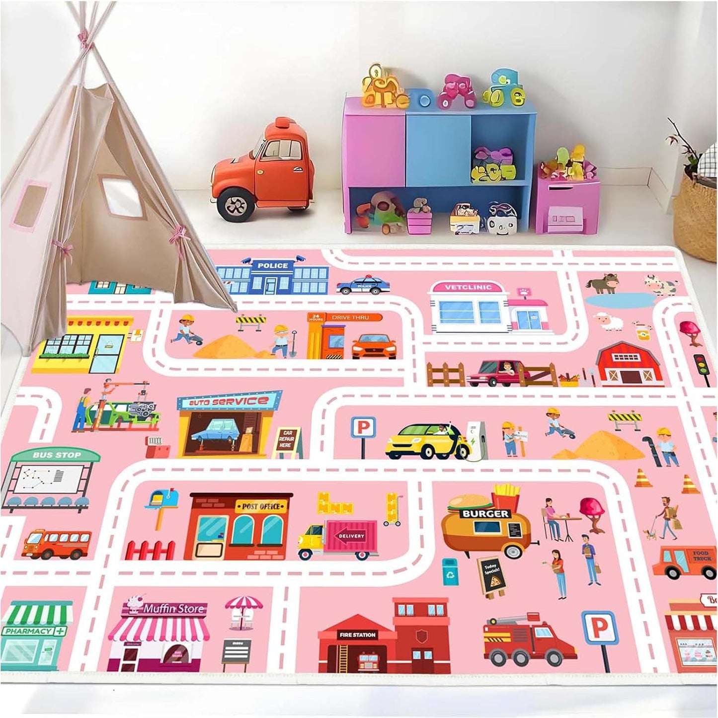 Car Play Mat - Non Slip Kids Rug for Toy Cars, Low Pile for Classroom