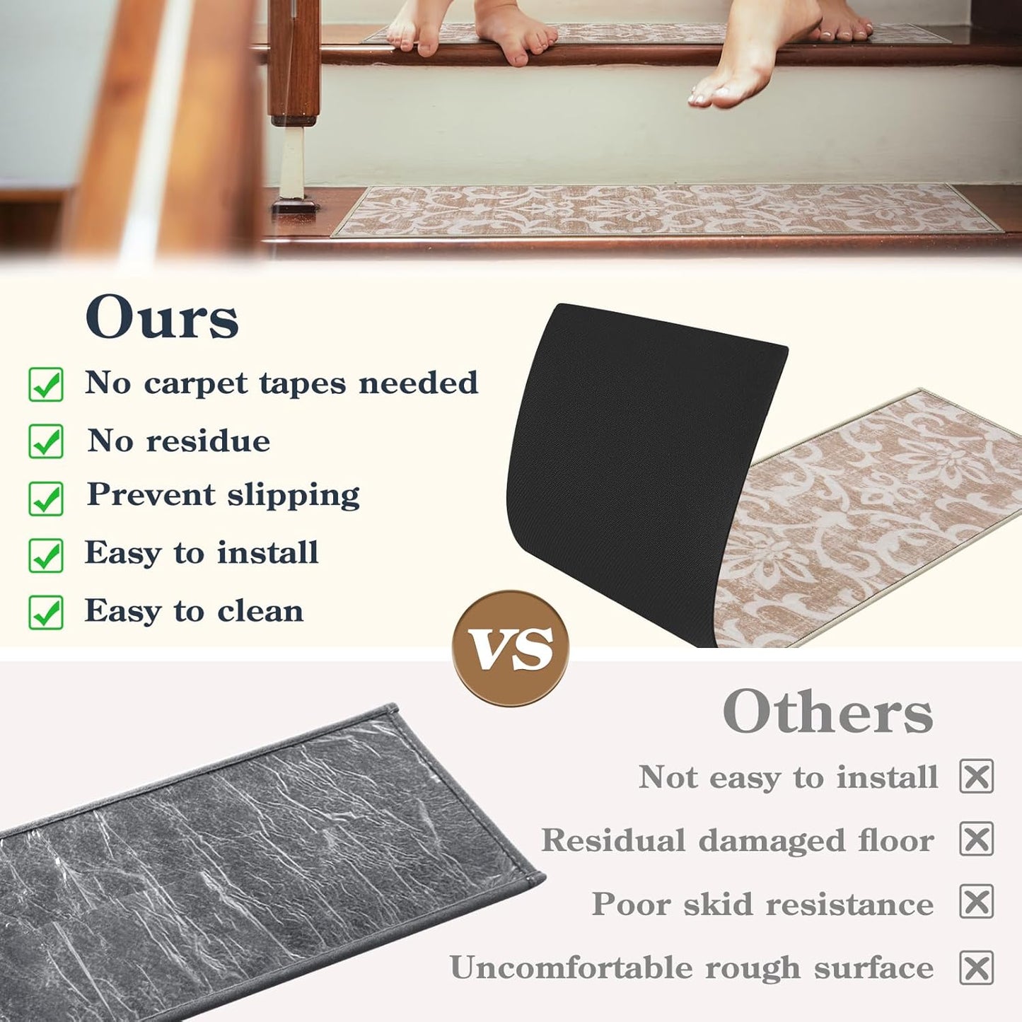 Lahome Carpet Stair Treads Non Slip Backing, 15 Pack 8" X 30" Stair Treads for Wooden Steps Indoor, Soft Washable Stairway Stair Runners Oriental Staircase Rugs for Kids Pets Elders(15pc, Beige)