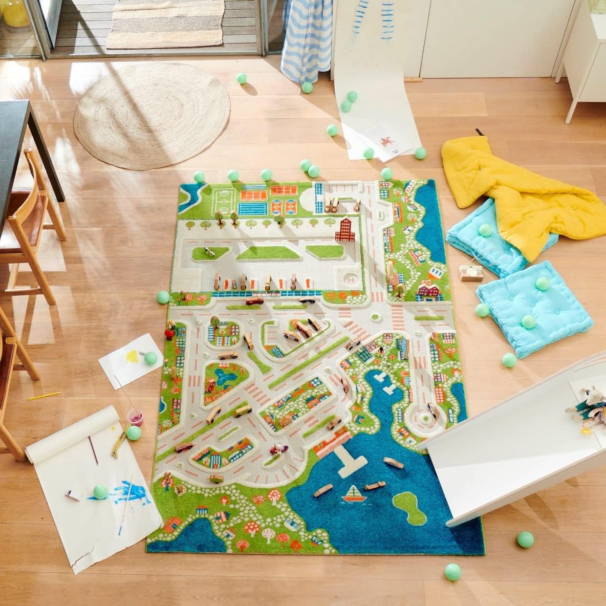 IVI Mini City Thick 3D Kids Play Mat Rug, 71" L x 53" W, Non-Toxic, Stain Resistant, Educational Montessori Activity Toys for Kids