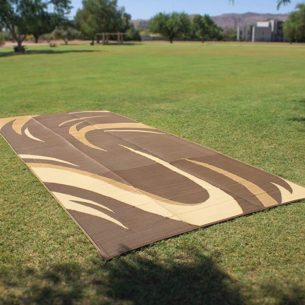 Stylish Camping SD8187 8-Feet x 18-Feet Graphic Swish RV Reversible Patio Mat, Brown/Tan