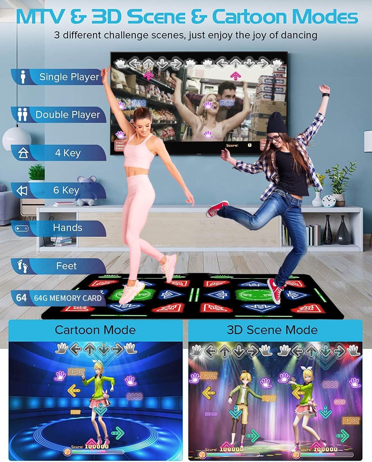 HDMI Dance Mat with Motion-Sensing Gun, 64GB Music & Game Console, 885 Songs, 1022 Interactive Games, 81 MTVs, Flannel Dance Pad for Kids, Music Toy & Gift for 3–14 Year Olds