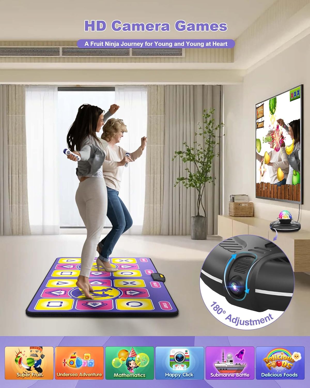 Dance Mat - Wireless Electronic Dance Mat for TV with Camera, Non-Slip Exercise Dance Pad with Yoga Mode for Kids & Adults, Family-Friendly Game Mat Toy Gift for Girls & Boys (Purple)