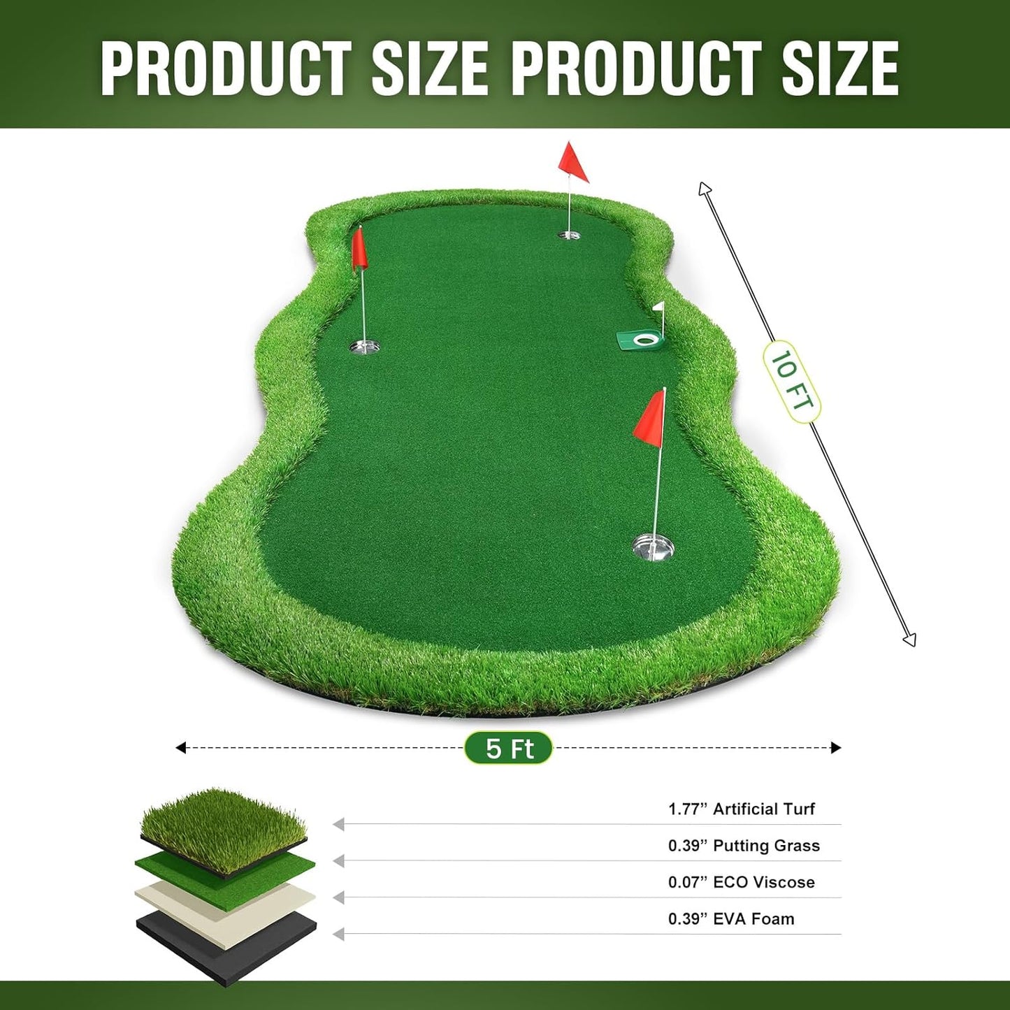 Thickened Realistic Golf Putting Green, 5 x 10ft Professional Golf Practice Training Mat for Indoor Outdoor, 3 Holes, Long Challenging Game Green Mat for Children with Training Aid Put Cup