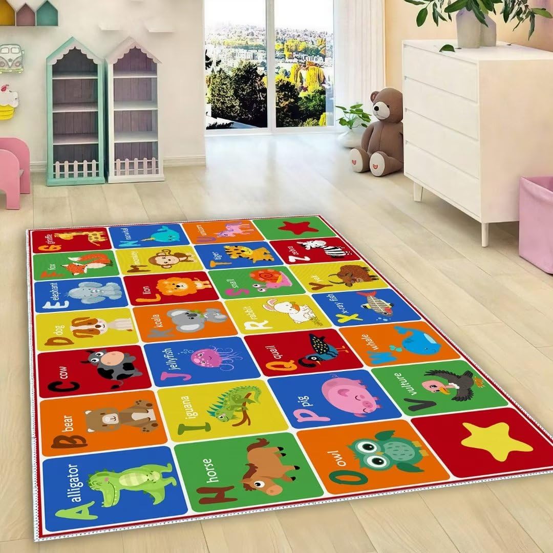 ABC Alphabet Animal Rug, Educational Letter Learning Game Playmat for Kids, Crawl Floor Mat in The Bedroom, Playroom, or Classroom(79x118in)