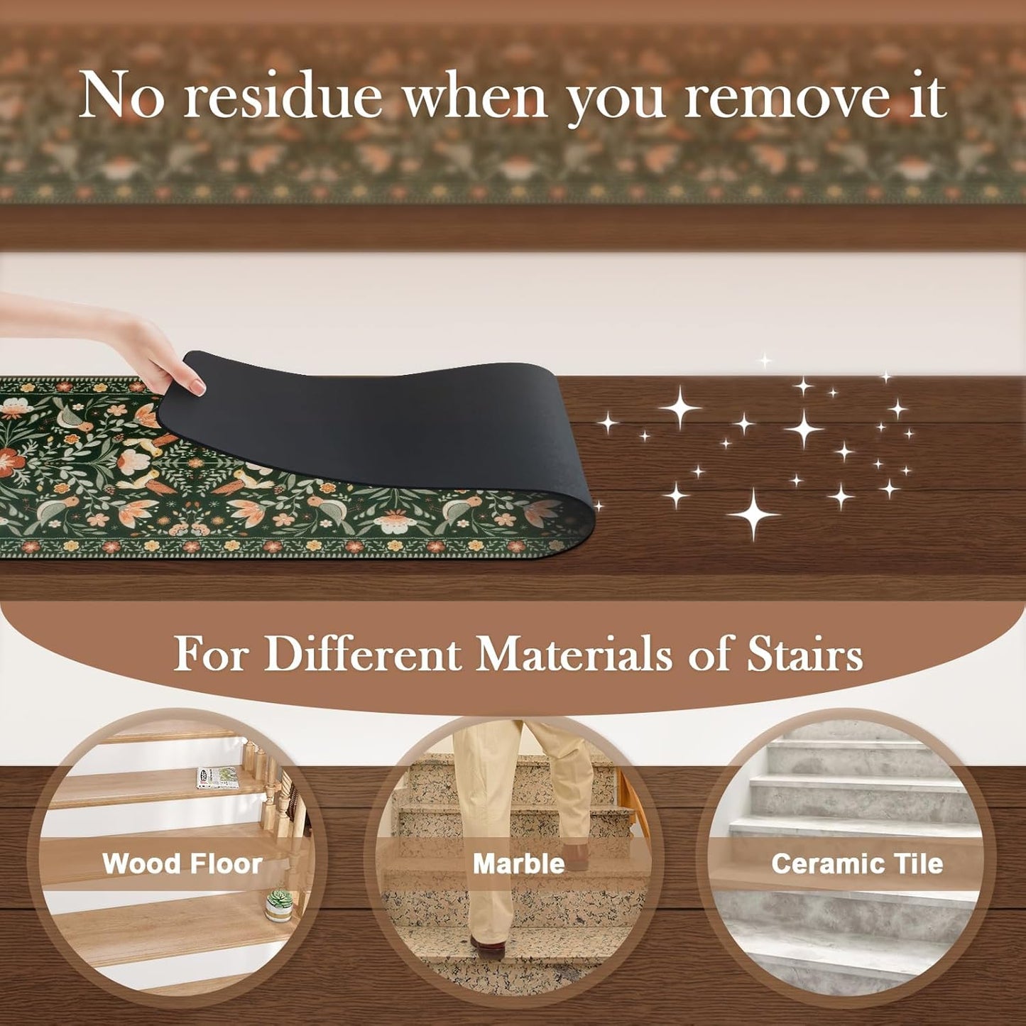 OJIA Floral Stair Treads Non-Slip Stair Runner for Wooden Steps Indoor 15PCS 30"x8" Carpet Stair Treads Stair Mats Staircase Step Treads for Kids, Elders and Dogs, Stair Covers, Black