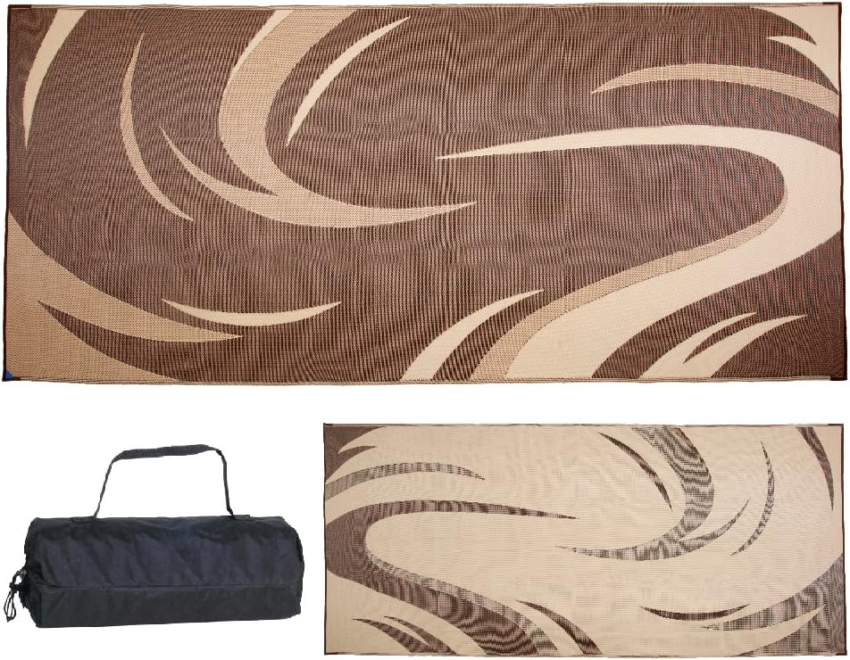 Stylish Camping SD8187 8-Feet x 18-Feet Graphic Swish RV Reversible Patio Mat, Brown/Tan