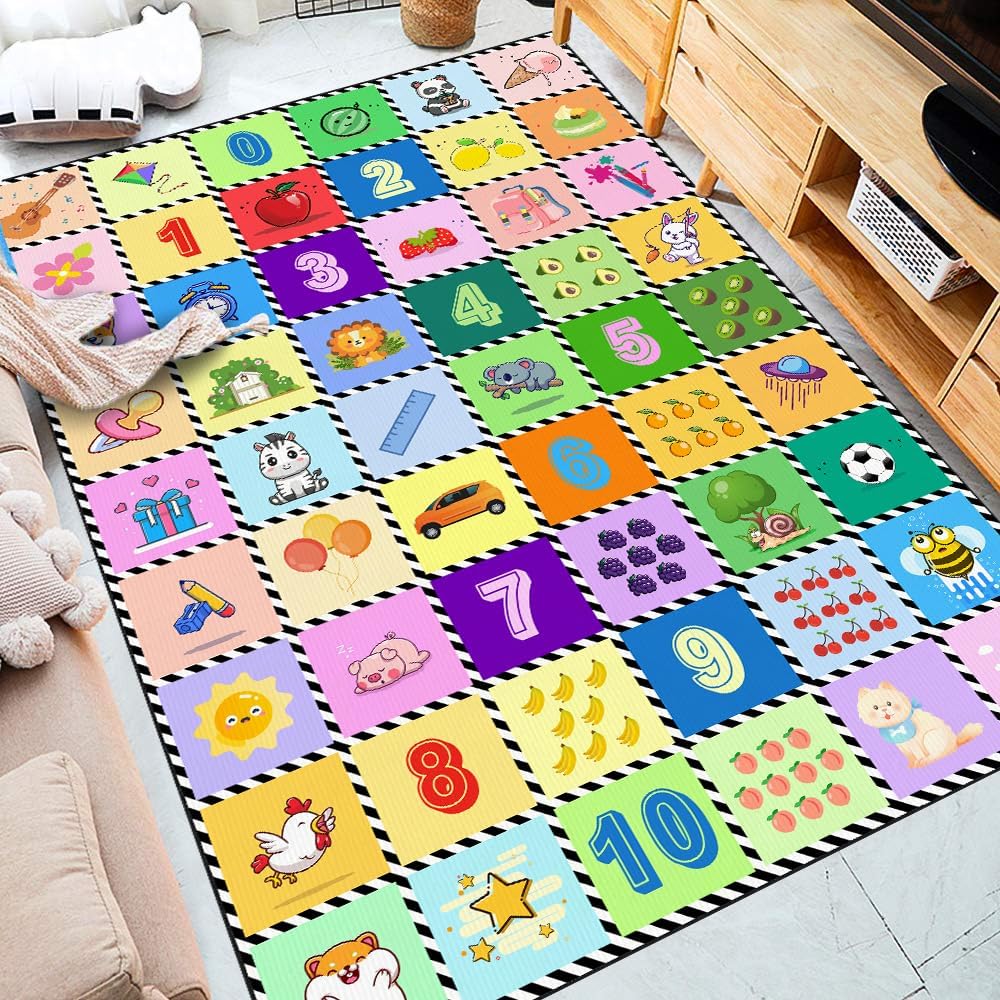 Kids Number Alphabet Game Rug - ABC Educational Area Rug - Fruit Animal Pattern for Kids Room Playroom Bedroom Kindergarten Nursery Soft Non-slip Machine Washable (Alphabet, 12' x 9' (Rectangular))