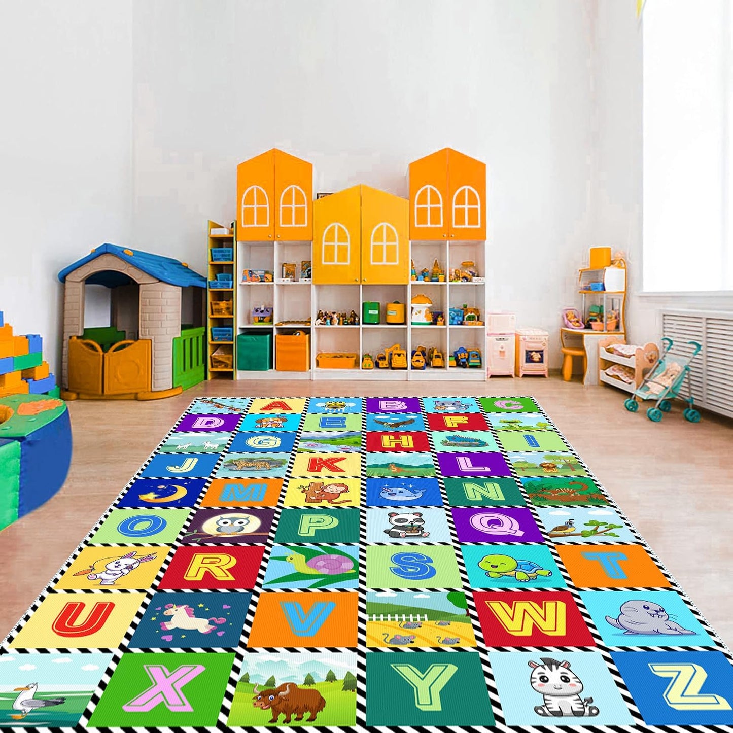 Kids Number Alphabet Game Rug - ABC Educational Area Rug - Fruit Animal Pattern for Kids Room Playroom Bedroom Kindergarten Nursery Soft Non-slip Machine Washable (Alphabet, 12' x 9' (Rectangular))