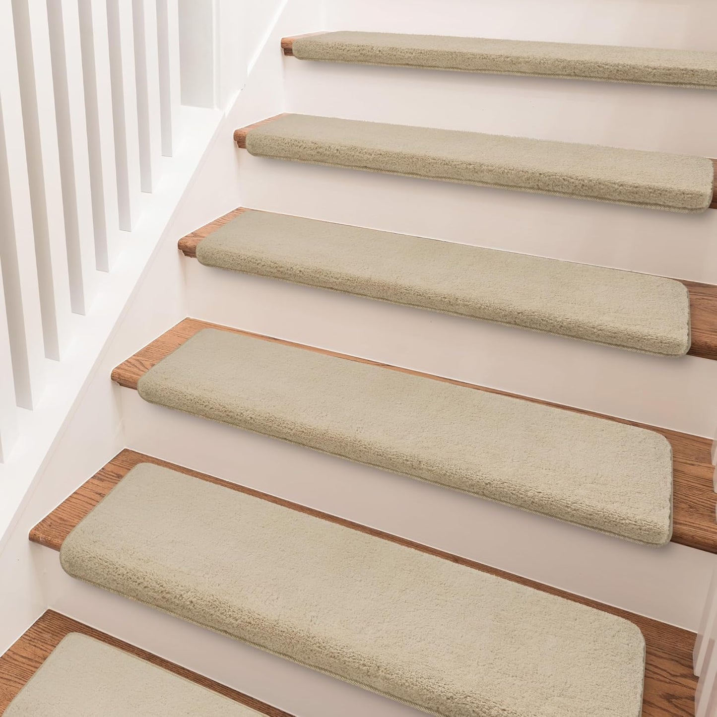 PURE ERA Carpet Stair Treads Ultra Plush 9.5" X 30"Soft Bullnose Indoor Stair Protectors Pet-Friendly Non-Slip Skid Resistant Tape Free Washable Reusable(14 Pieces, Cream Gray)