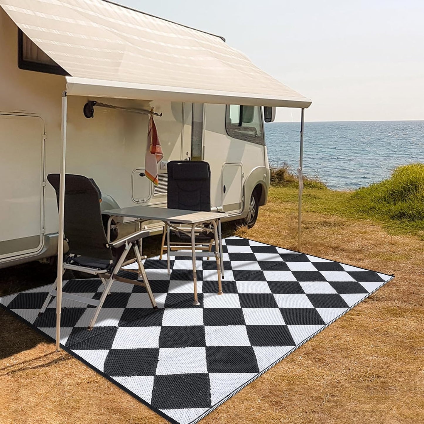 Garvee Outdoor Rug 10'x20' for Patios Clearance, Reversible Outdoor Plastic Straw Waterproof Camping Carpet, Large Area Rugs Patio Mats for Outside RV, Camper, Deck, Porch, Beach, Picnic (Black/Grey)
