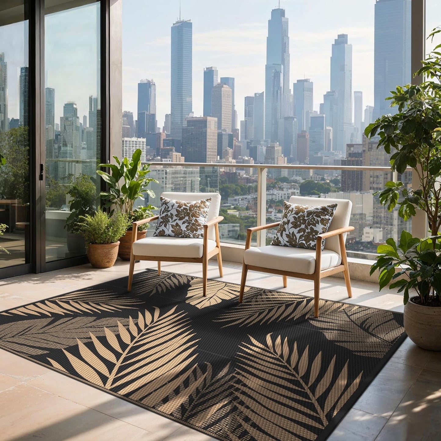 Outdoor Rug 10’x14’ Waterproof for Patio Clearance, Reversible Indoor Outdoor Plastic Straw Camping Rug Carpet, RV Mat, Large Area Rug for Deck, Backyard, Balcony, Porch, Beach, Black & Brown