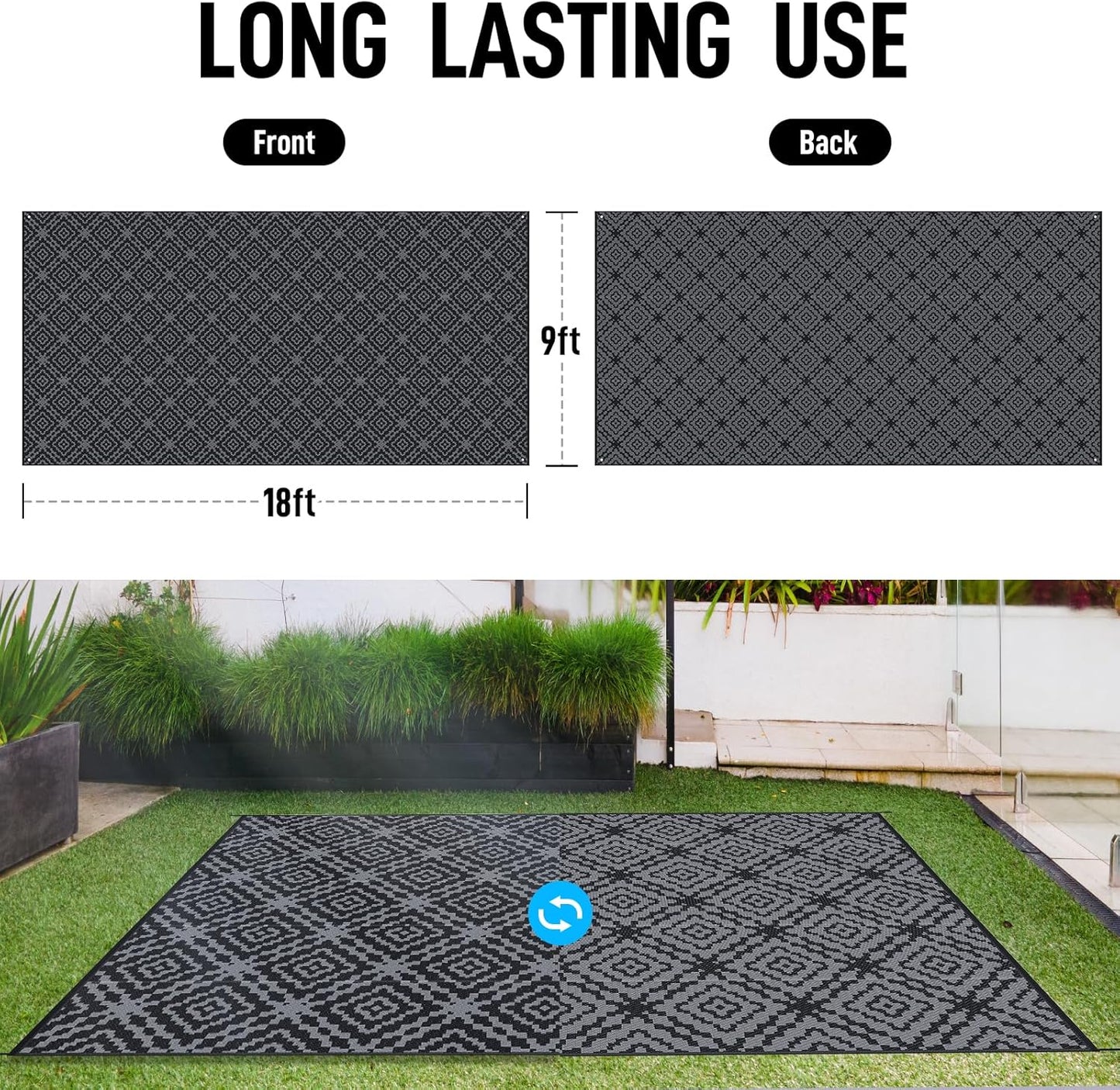 Outdoor Camping Rug Waterproof 9x18FT, Large Reversible Stain&UV Resistant Plastic Straw RV Rug for Outside Patio Pool Deck Beach Indoor, Area Carpet Mat with Portable Bag&4 Stakes-Black Grey Rhombus