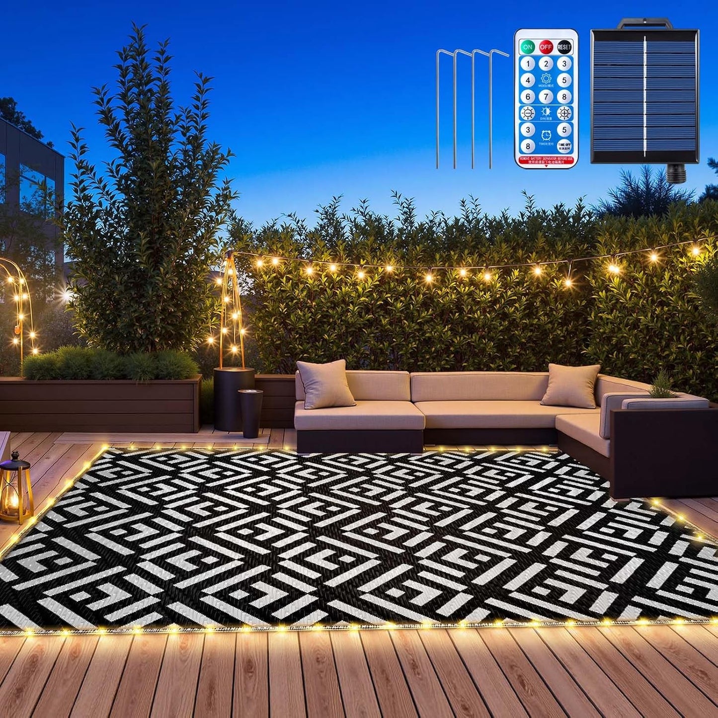 8x10Ft Outdoor Rug, Solar Powered Outdoor Rug with 113LEDs Strip Lights, Waterproof Plastic Reversible Outdoor Straw Rugs, Rugs Mat for House Deck RV Camping Patio Beach Balcony Picnic (Blue White)