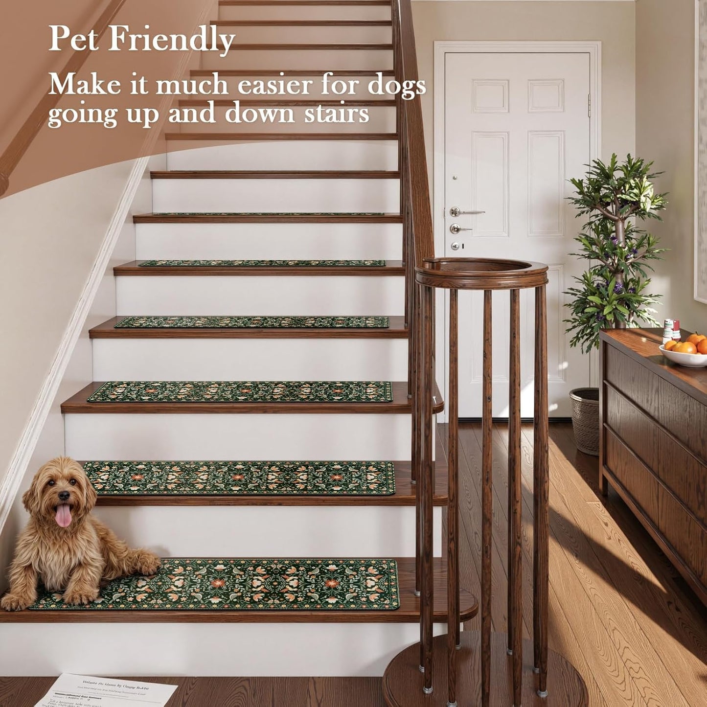OJIA Floral Stair Treads Non-Slip Stair Runner for Wooden Steps Indoor 15PCS 30"x8" Carpet Stair Treads Stair Mats Staircase Step Treads for Kids, Elders and Dogs, Stair Covers, Black