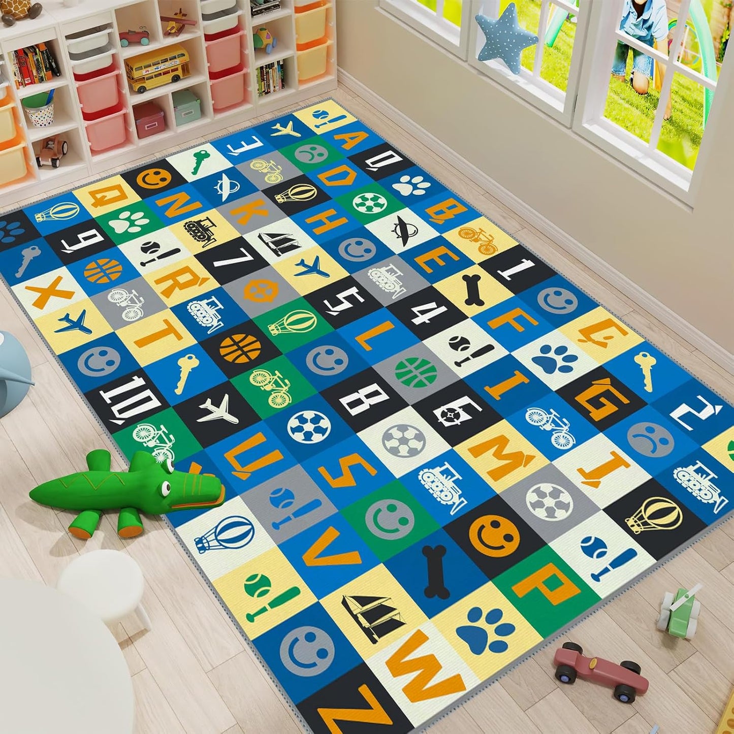 Kids Number Alphabet Game Rug - ABC Educational Area Rug - Fruit Animal Pattern for Kids Room Playroom Bedroom Kindergarten Nursery Soft Non-slip Machine Washable (Alphabet, 12' x 9' (Rectangular))