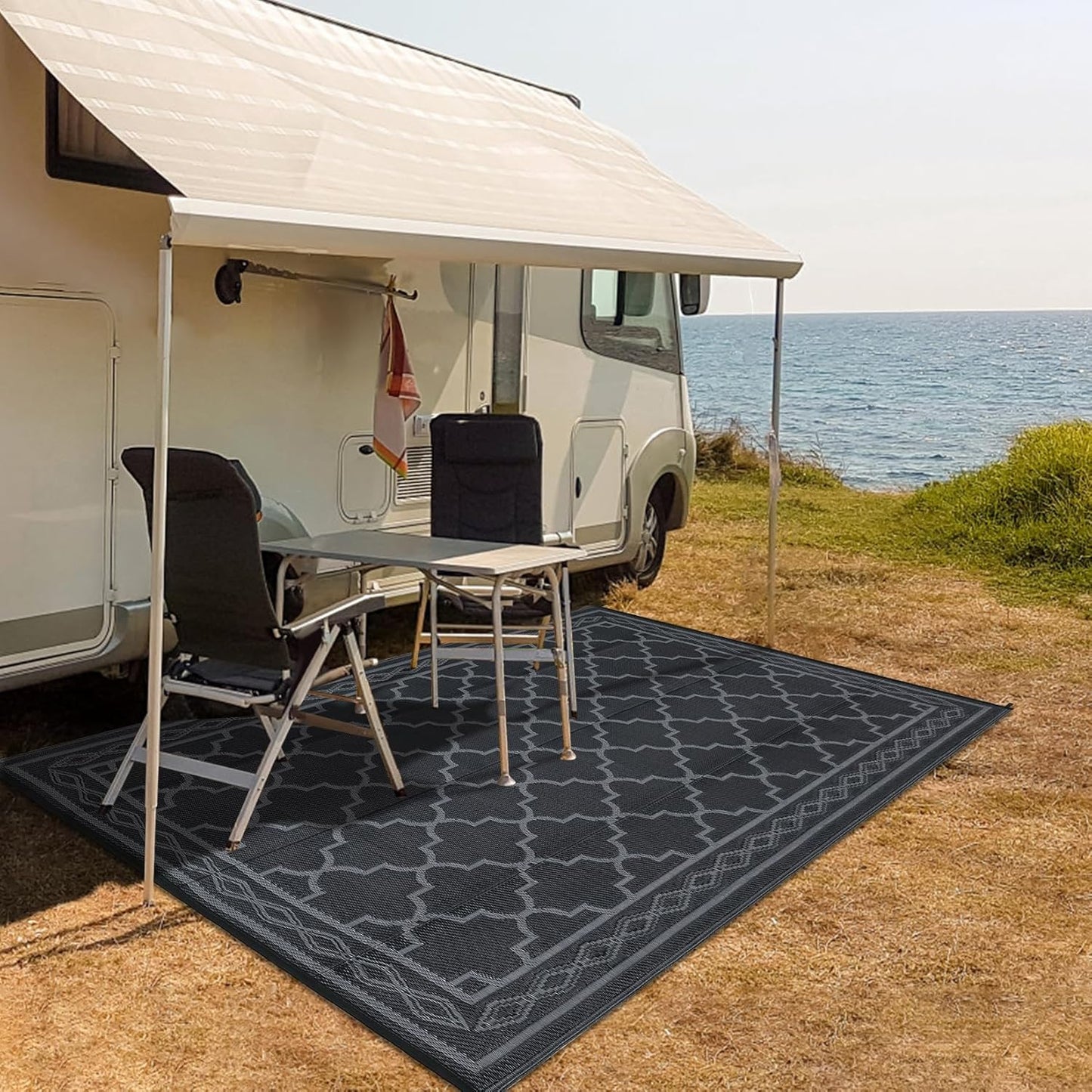 Garvee Outdoor Rug 10'x20' for Patios Clearance, Reversible Outdoor Plastic Straw Waterproof Camping Carpet, Large Area Rugs Patio Mats for Outside RV, Camper, Deck, Porch, Beach, Picnic (Black/Grey)