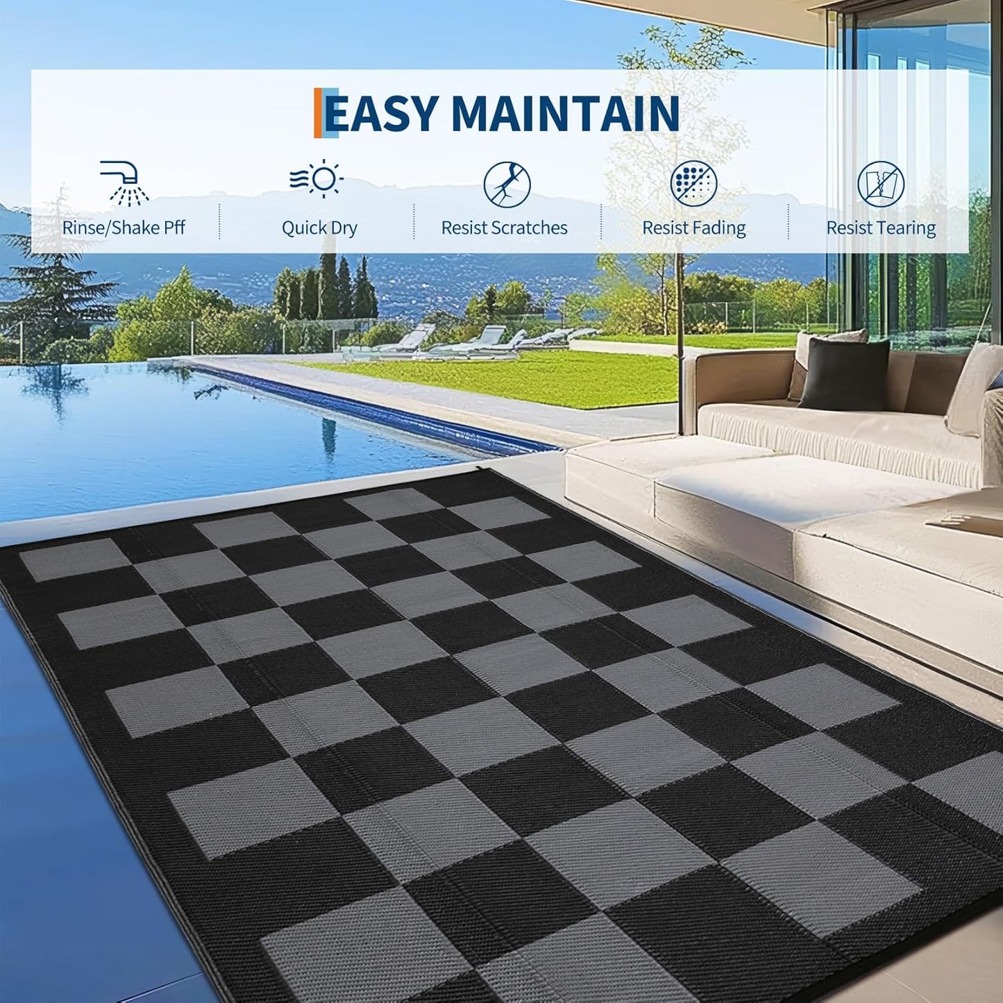 GarveeHome Large Outdoor Rug 9 x 18 Waterproof Modern Checkboard Plastic Straw Rug, Foldable Reversible Camping Mat, UV-Resistant Geometric Plaid Woven Carpet for Picnic, Deck, Black Gray