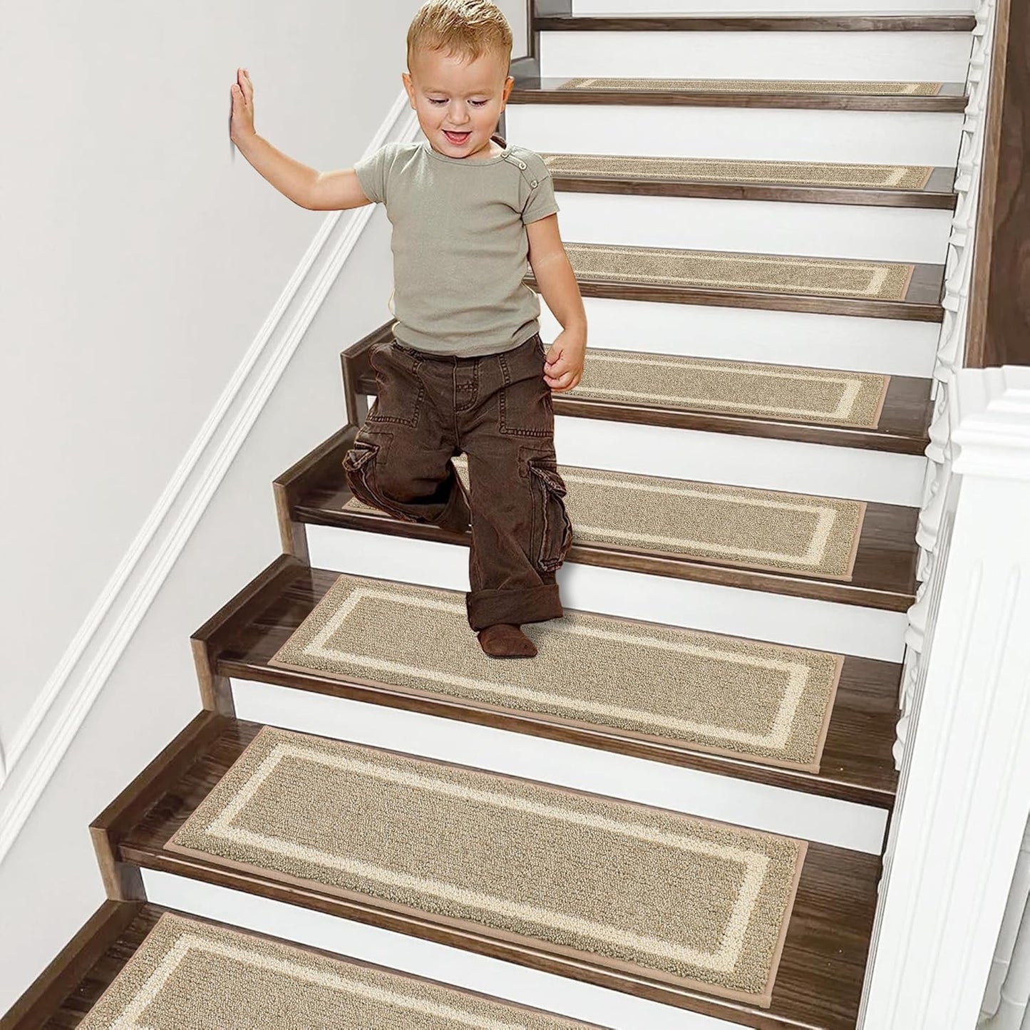 COSY HOMEER Soft Stair Treads 15pcs Non-Slip Carpet Mat 28inX9in Indoor Stair Runners for Wooden Steps,Stair Rugs for Kids and Dogs, 100% Polyester TPE Backing Beige,Square