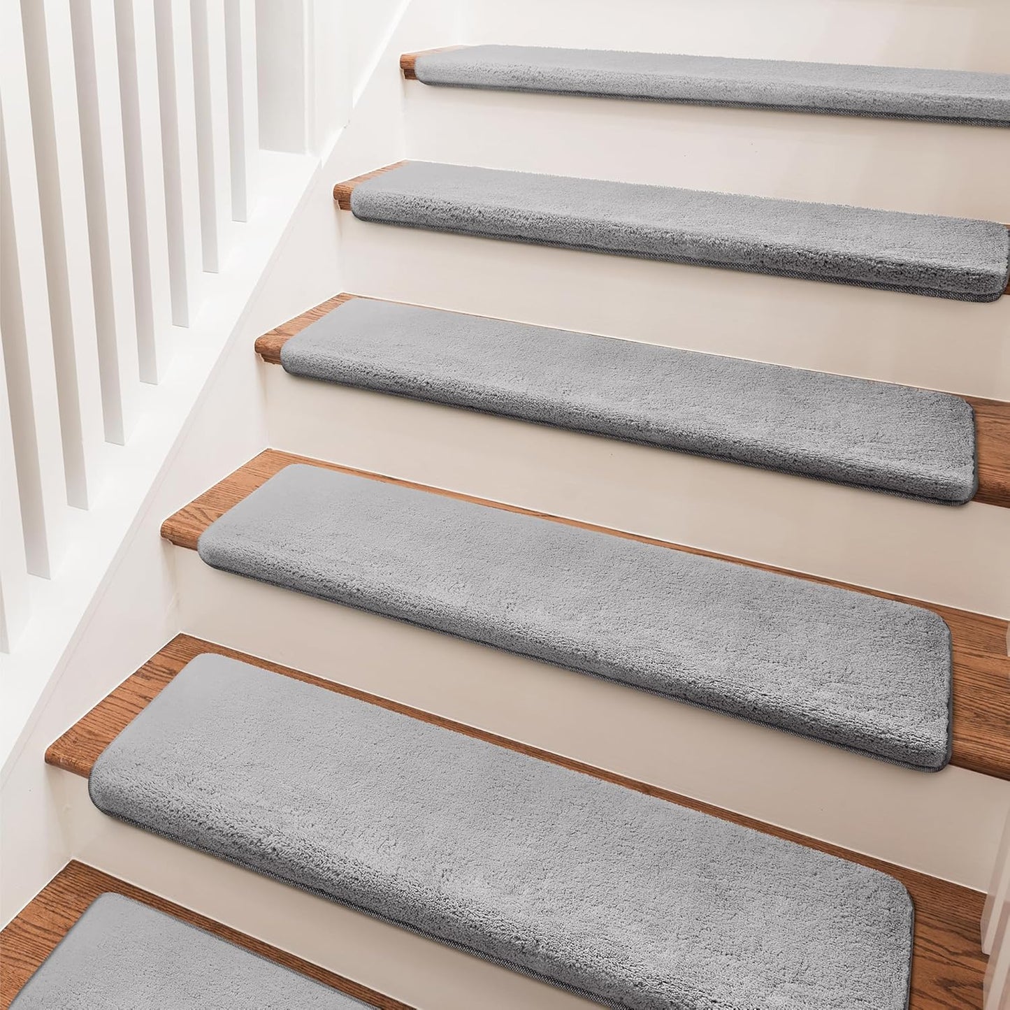 PURE ERA Carpet Stair Treads Ultra Plush 9.5" X 30"Soft Bullnose Indoor Stair Protectors Pet-Friendly Non-Slip Skid Resistant Tape Free Washable Reusable(14 Pieces, Cream Gray)