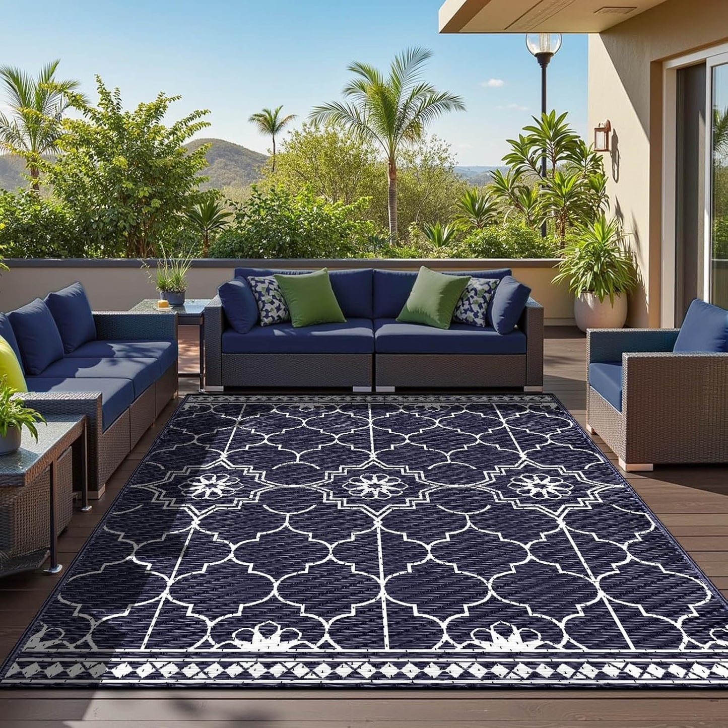 8x10Ft Outdoor Rug, Solar Powered Outdoor Rug with 113LEDs Strip Lights, Waterproof Plastic Reversible Outdoor Straw Rugs, Rugs Mat for House Deck RV Camping Patio Beach Balcony Picnic (Blue White)