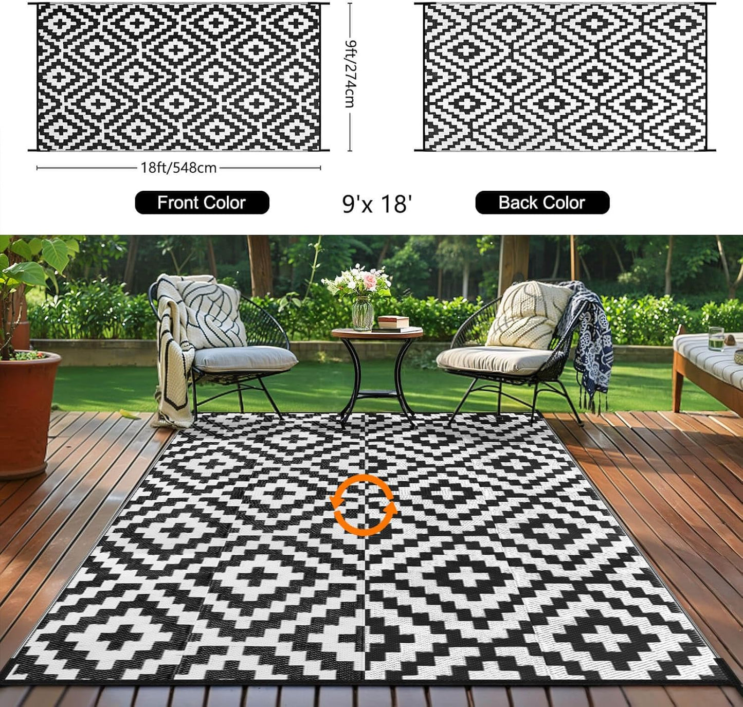 Outdoor Patio Plastic Straw Rug - 9x18 ft Outdoor Camping Rug Waterproof Reversible, Area Carpet Patios Clearance RV, Outside Porch Balcony Deck for Camper, Black & White