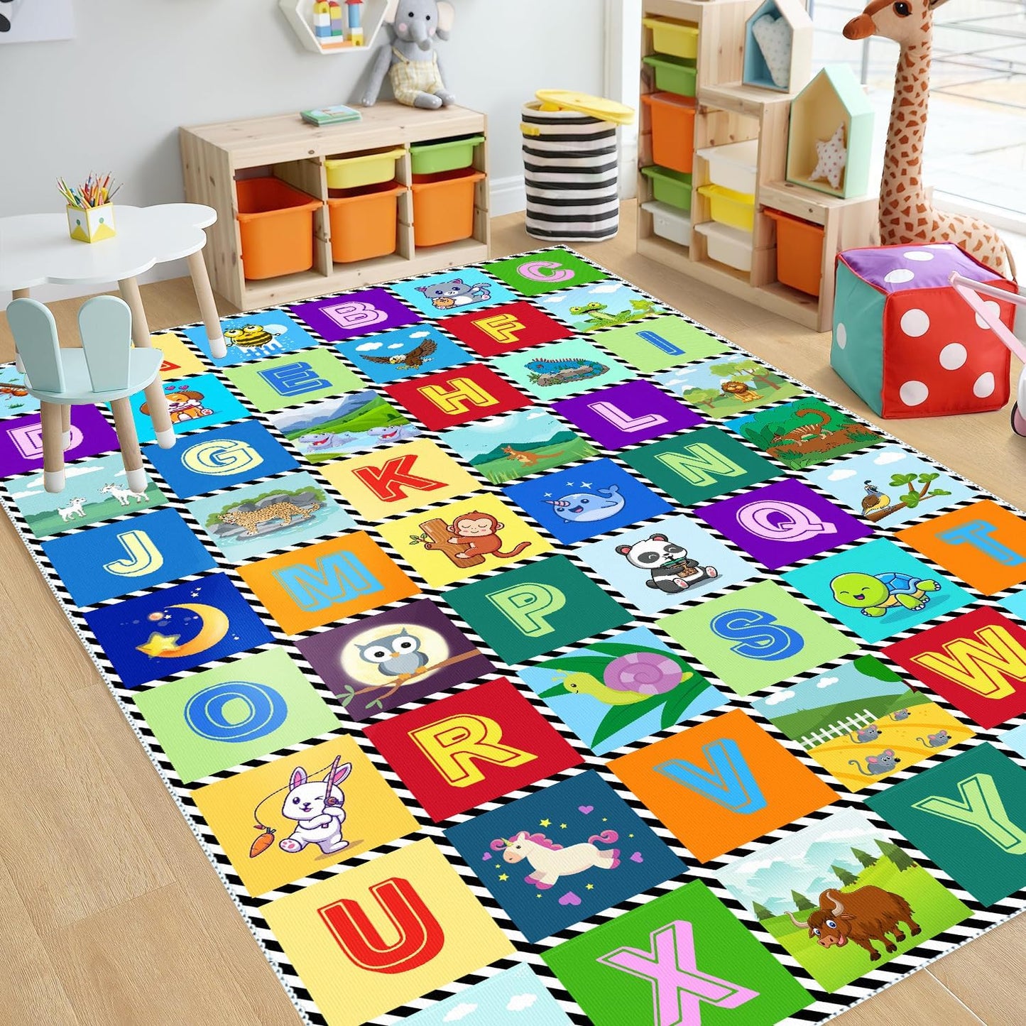 Kids Number Alphabet Game Rug - ABC Educational Area Rug - Fruit Animal Pattern for Kids Room Playroom Bedroom Kindergarten Nursery Soft Non-slip Machine Washable (Alphabet, 12' x 9' (Rectangular))