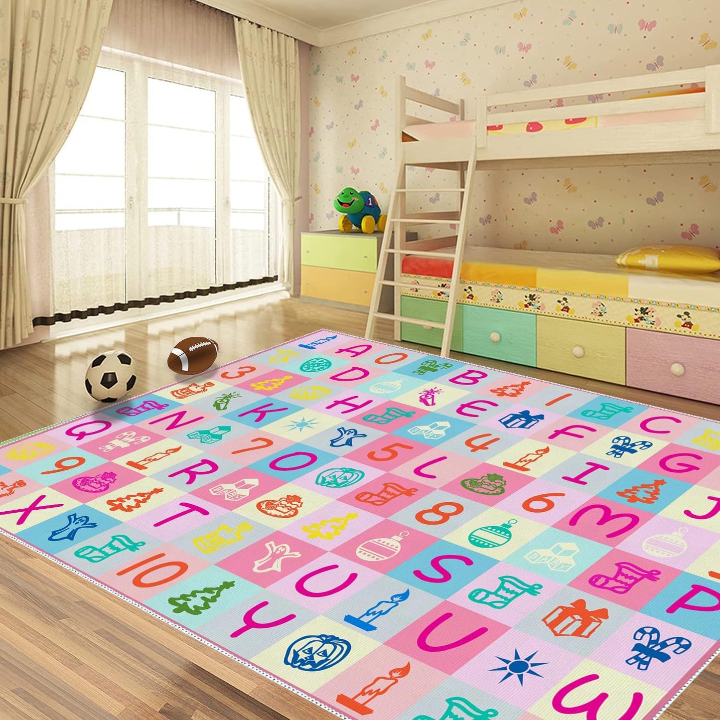 Kids Number Alphabet Game Rug - ABC Educational Area Rug - Fruit Animal Pattern for Kids Room Playroom Bedroom Kindergarten Nursery Soft Non-slip Machine Washable (Alphabet, 12' x 9' (Rectangular))
