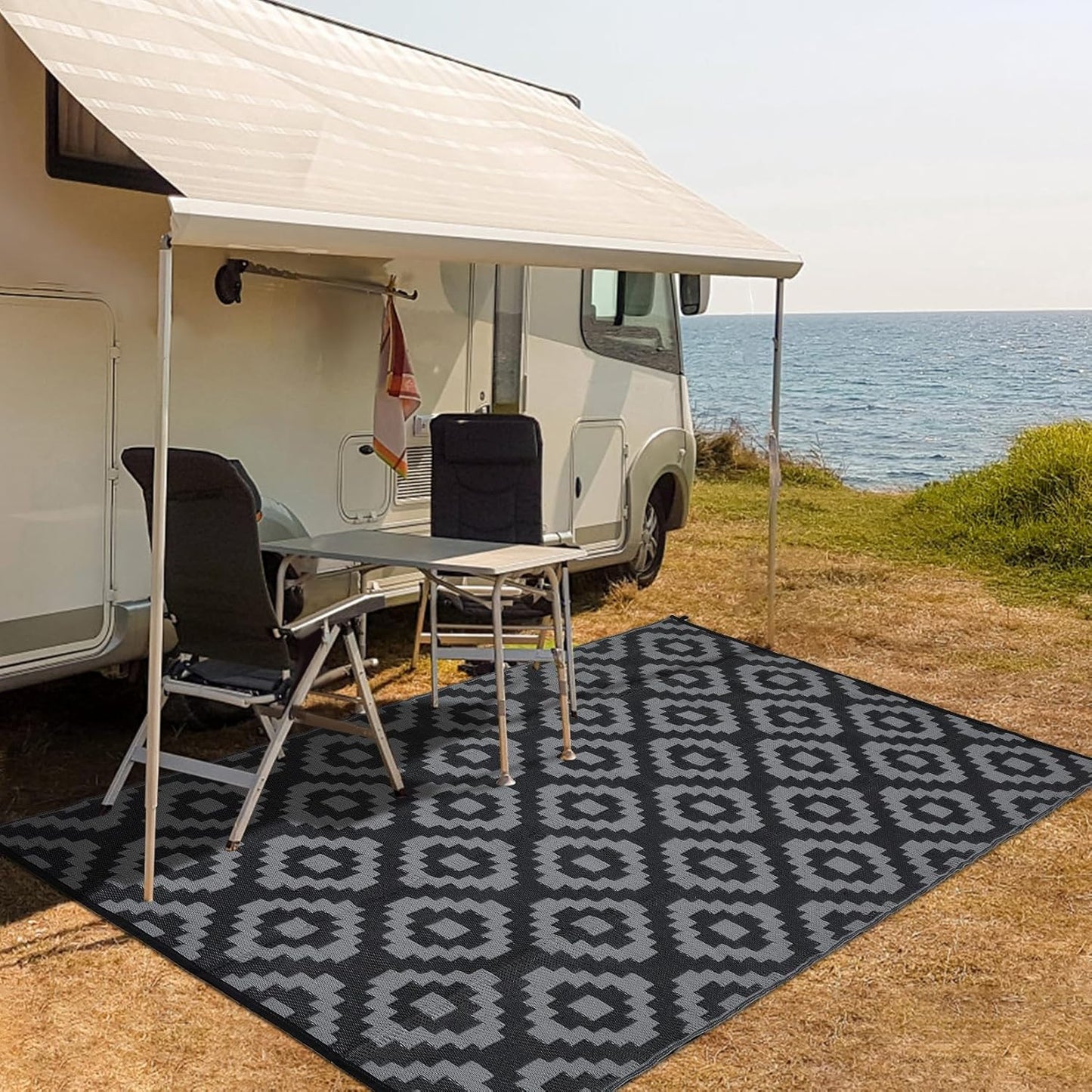 Garvee Outdoor Rug 10'x20' for Patios Clearance, Reversible Outdoor Plastic Straw Waterproof Camping Carpet, Large Area Rugs Patio Mats for Outside RV, Camper, Deck, Porch, Beach, Picnic (Black/Grey)