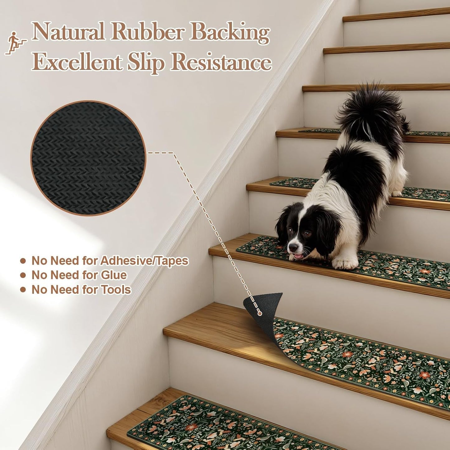 OJIA Floral Stair Treads Non-Slip Stair Runner for Wooden Steps Indoor 15PCS 30"x8" Carpet Stair Treads Stair Mats Staircase Step Treads for Kids, Elders and Dogs, Stair Covers, Black