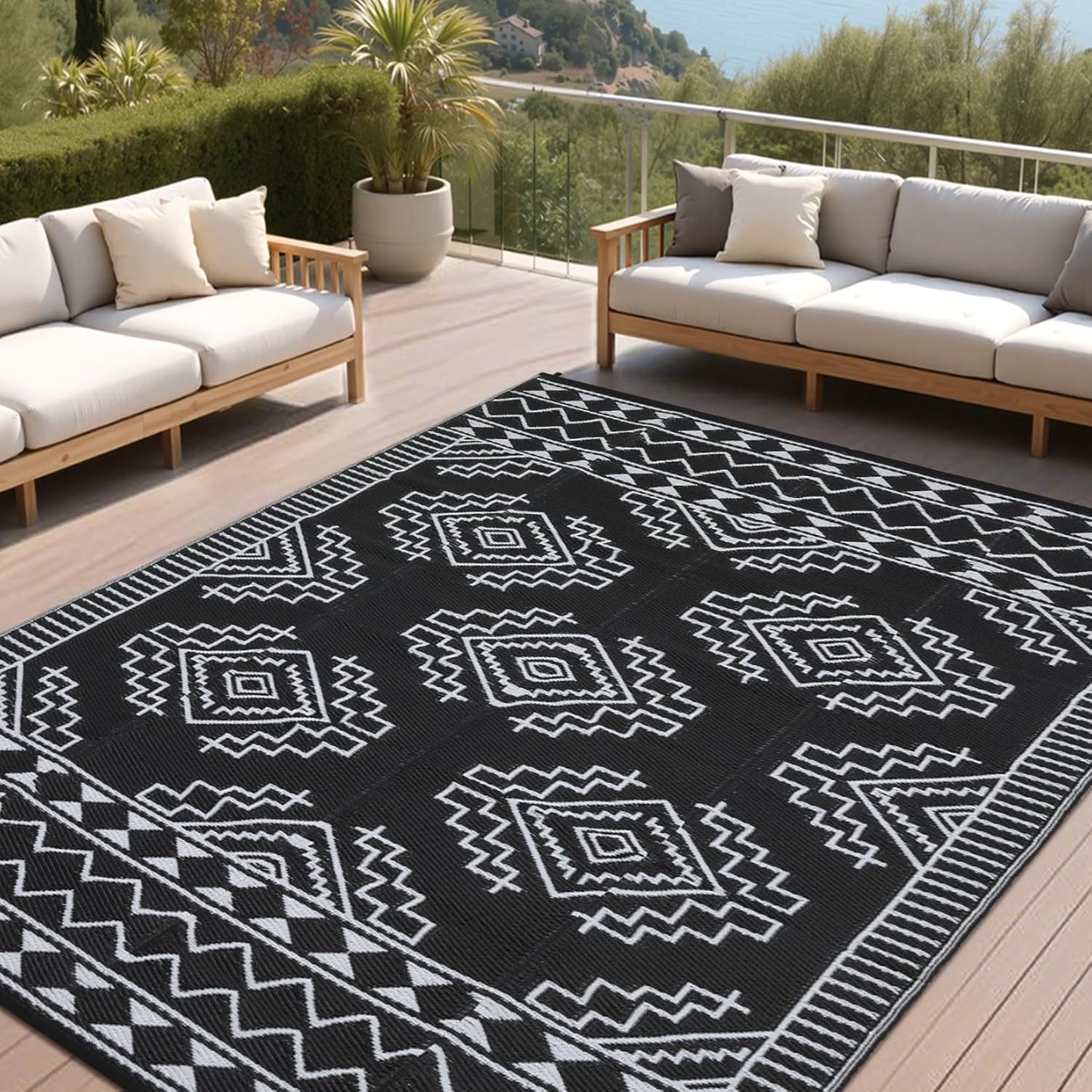 GarveeHome Large Outdoor Rug 9 x 18 Waterproof Modern Checkboard Plastic Straw Rug, Foldable Reversible Camping Mat, UV-Resistant Geometric Plaid Woven Carpet for Picnic, Deck, Black Gray