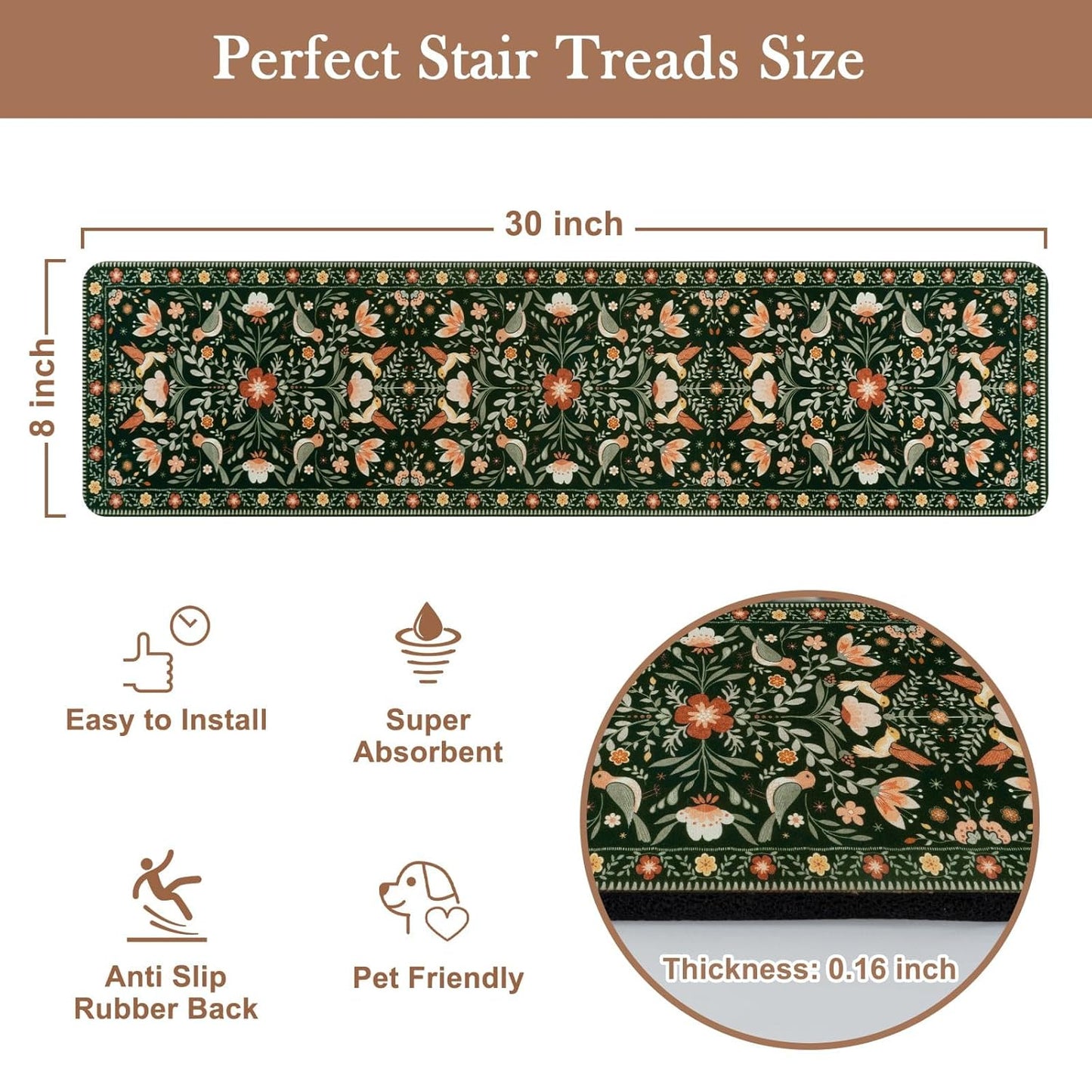 OJIA Floral Stair Treads Non-Slip Stair Runner for Wooden Steps Indoor 15PCS 30"x8" Carpet Stair Treads Stair Mats Staircase Step Treads for Kids, Elders and Dogs, Stair Covers, Black