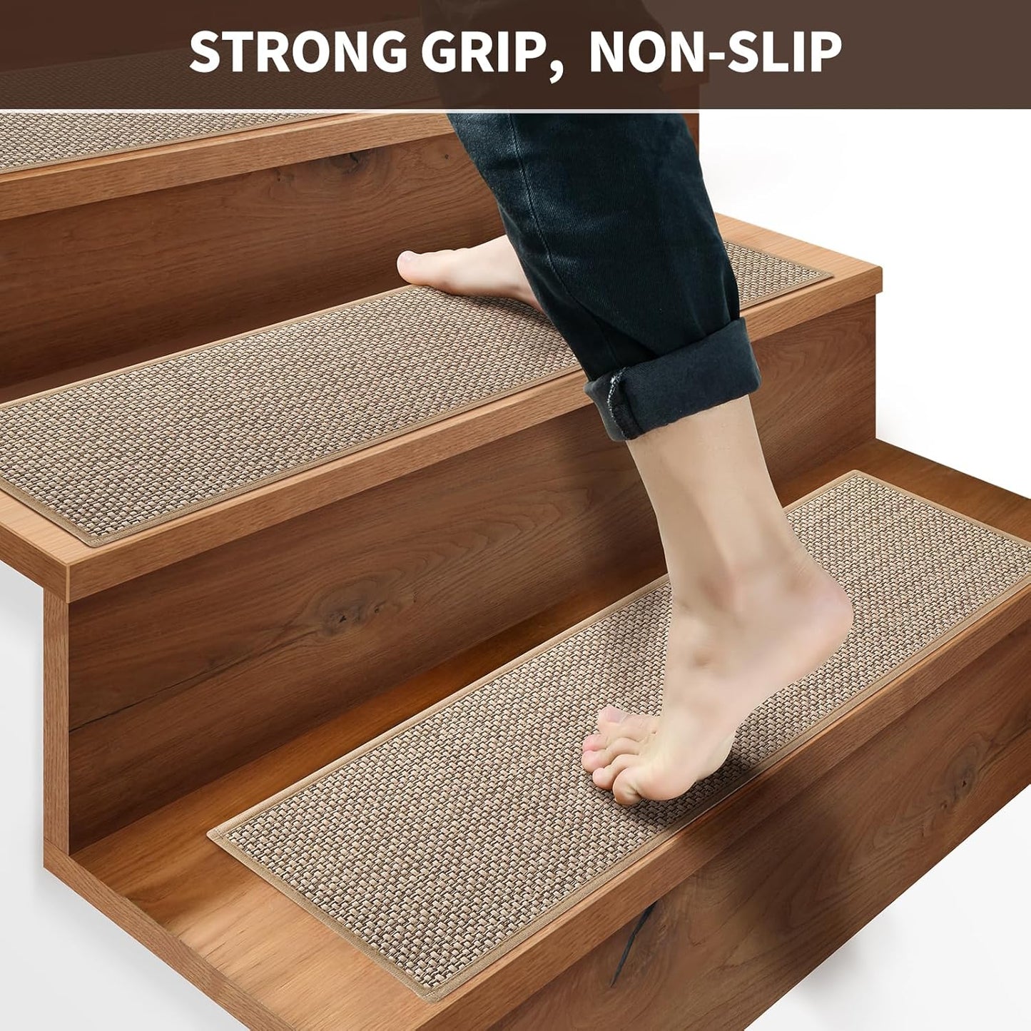 Linen Stair Treads for Wooden Steps Indoor 30x8 inch, 15pcs Upgraded Self Adhesive Backing Non Slip Stair Carpets, Peel and Stick Stair Runner Rugs, Reusable Staircase Step Treads(Beige)