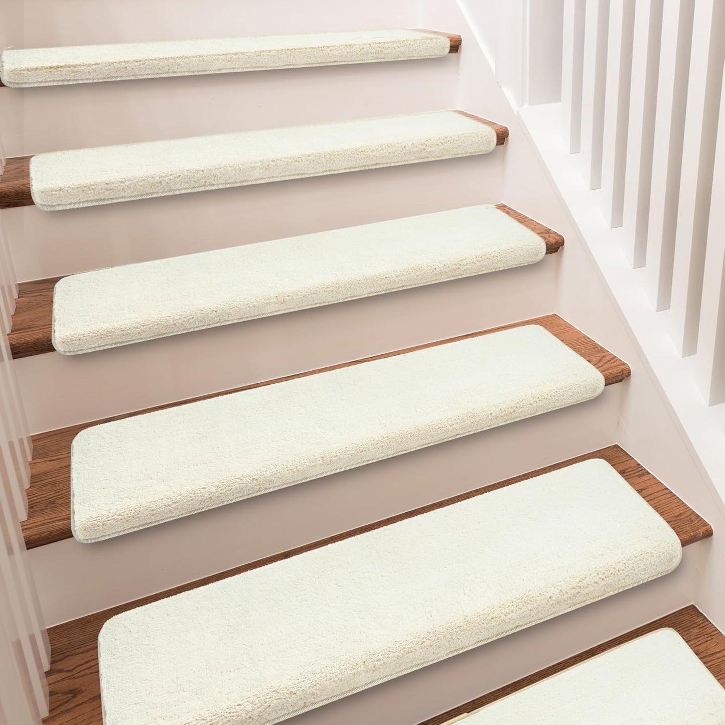 PURE ERA Carpet Stair Treads Ultra Plush 9.5" X 30"Soft Bullnose Indoor Stair Protectors Pet-Friendly Non-Slip Skid Resistant Tape Free Washable Reusable(14 Pieces, Cream Gray)