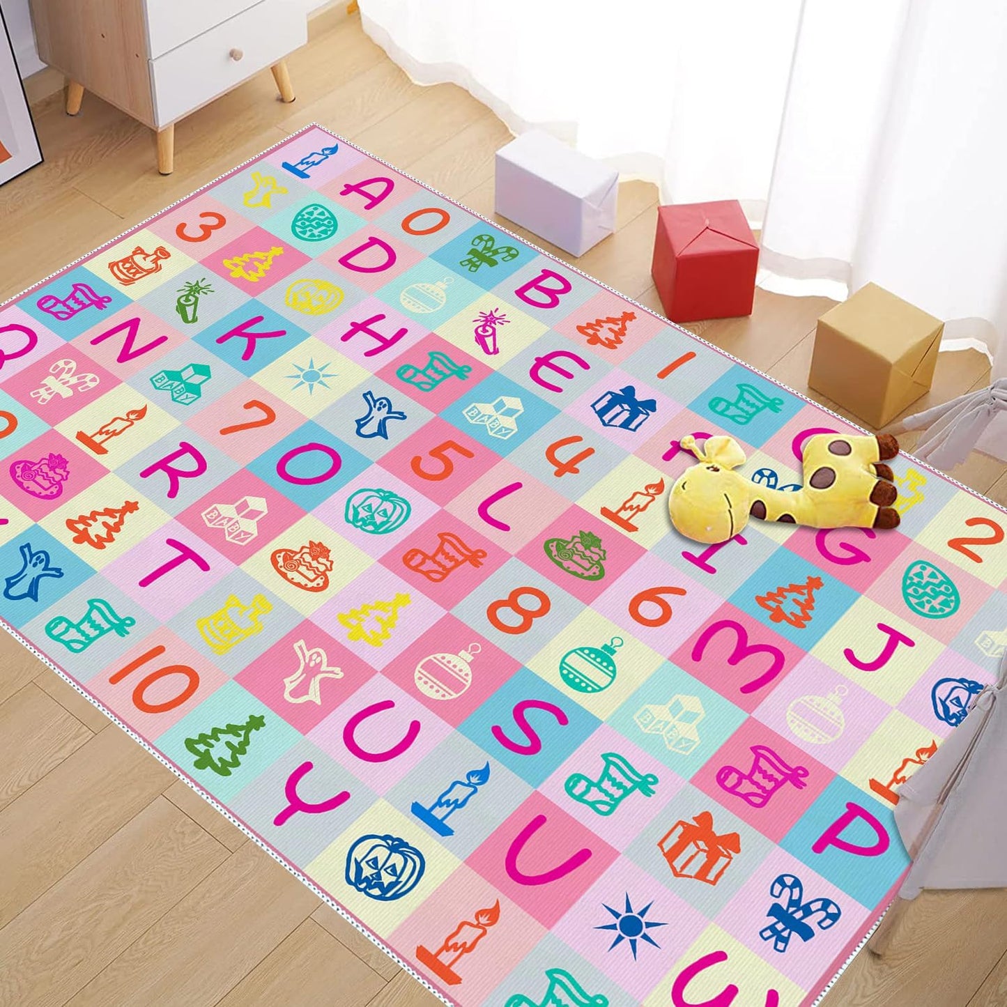 Kids Number Alphabet Game Rug - ABC Educational Area Rug - Fruit Animal Pattern for Kids Room Playroom Bedroom Kindergarten Nursery Soft Non-slip Machine Washable (Alphabet, 12' x 9' (Rectangular))