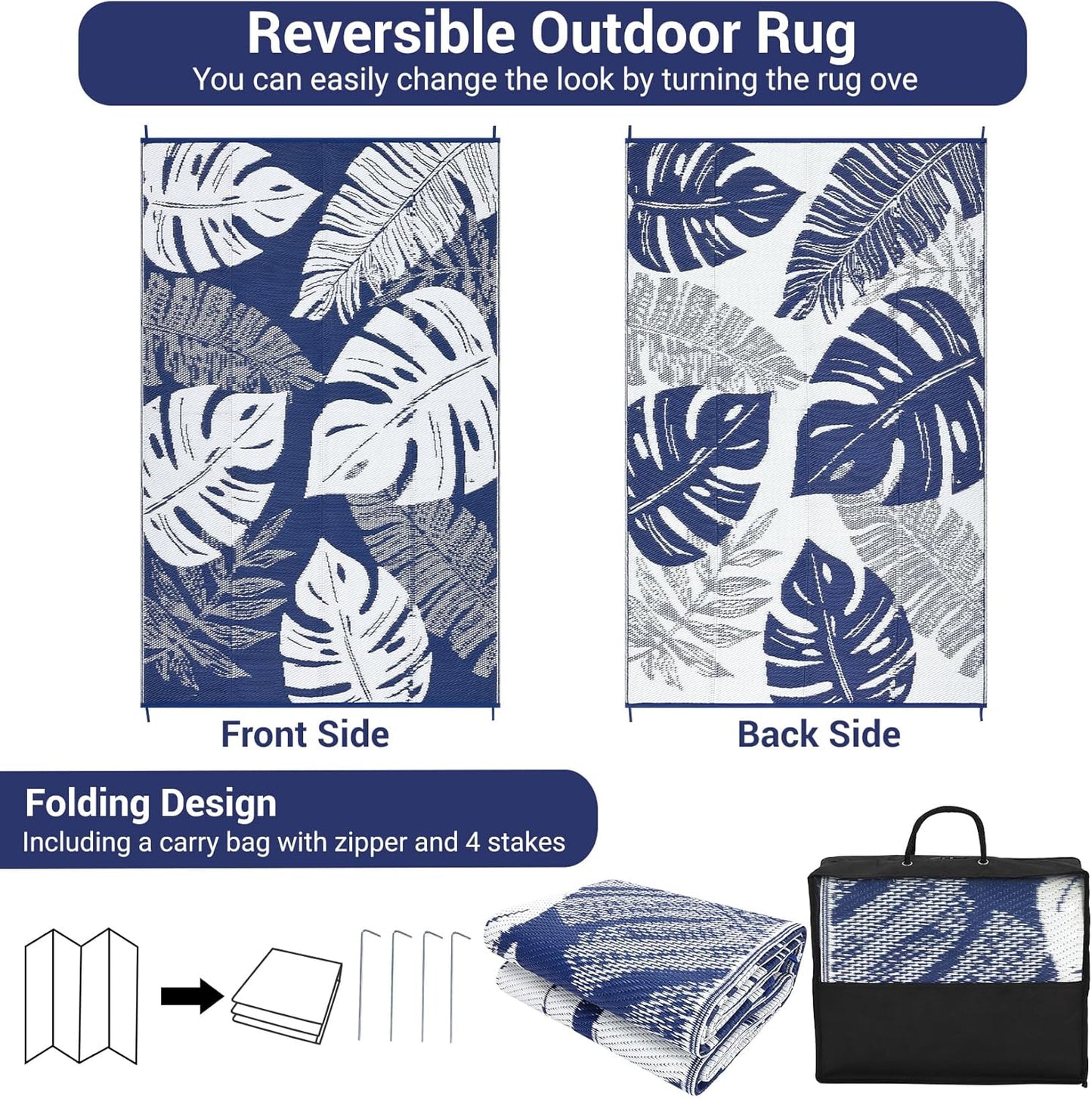 GAOMON Extra Large Outdoor Rug 10x20 Waterproof Plastic Straw Rug Reversible Leaves Patio Carpet, Foldable Portable Picnic Camping Mat with Bag & Stakes, Outside Carpet for Balcony Garden Yard, Blue