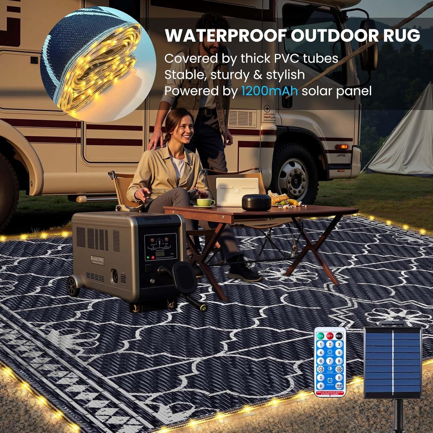 8x10Ft Outdoor Rug, Solar Powered Outdoor Rug with 113LEDs Strip Lights, Waterproof Plastic Reversible Outdoor Straw Rugs, Rugs Mat for House Deck RV Camping Patio Beach Balcony Picnic (Blue White)