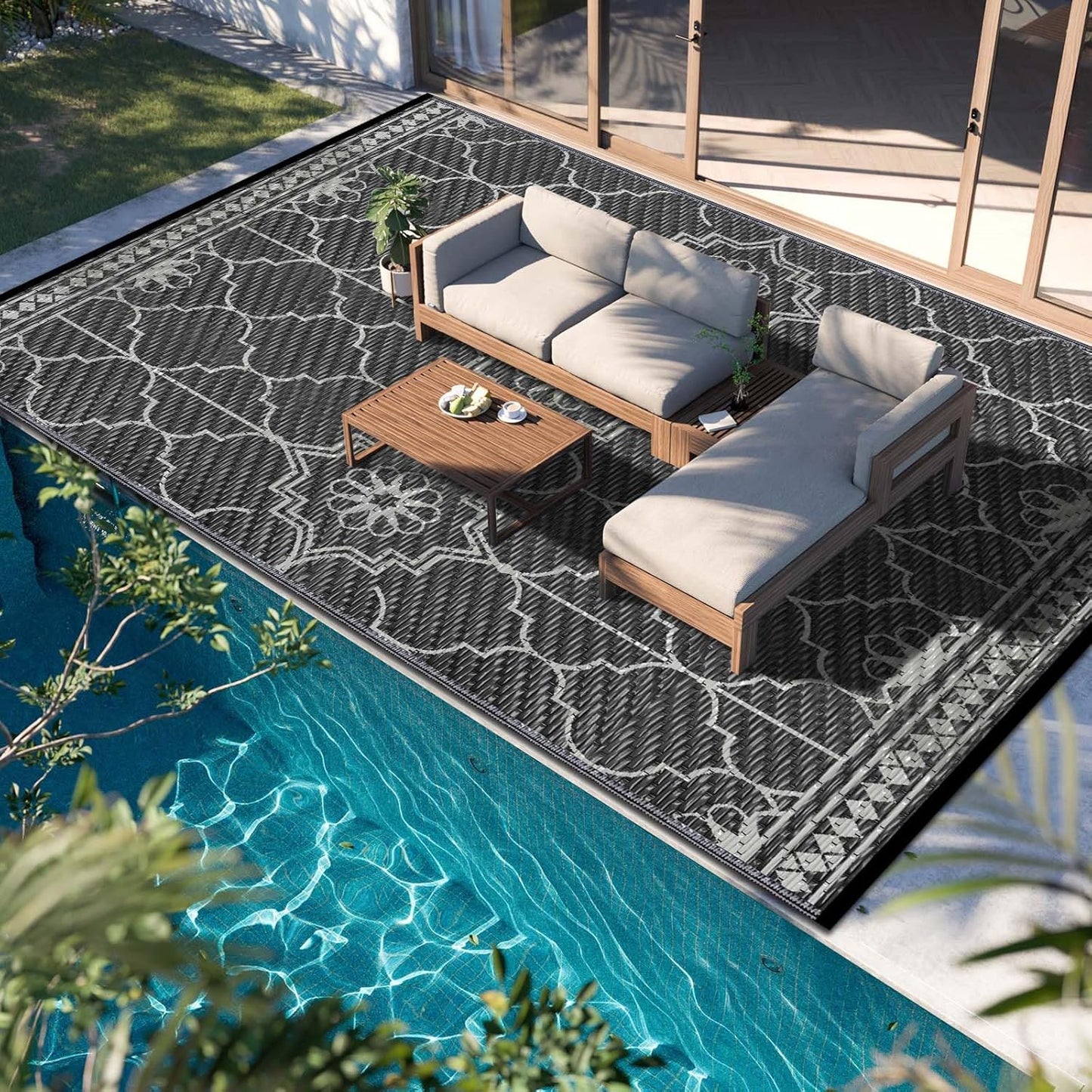 8x10Ft Outdoor Rug, Solar Powered Outdoor Rug with 113LEDs Strip Lights, Waterproof Plastic Reversible Outdoor Straw Rugs, Rugs Mat for House Deck RV Camping Patio Beach Balcony Picnic (Blue White)