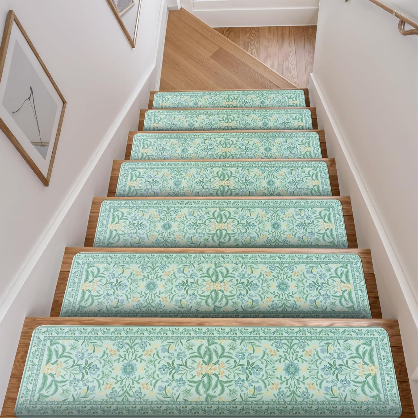 OJIA Floral Stair Treads Non-Slip Stair Runner for Wooden Steps Indoor 15PCS 30"x8" Carpet Stair Treads Stair Mats Staircase Step Treads for Kids, Elders and Dogs, Stair Covers, Black