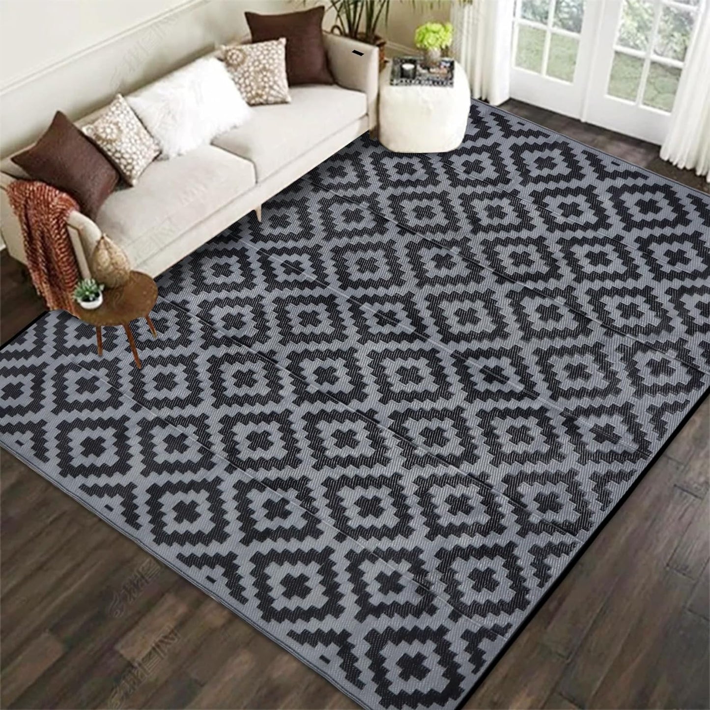 SAND MINE Waterproof Outdoor Rug 10x20 ft, Plastic Reversible Rug, Modern Area Rug, Large Floor Mat for Outdoors, RV, Patio, Backyard, Deck, Picnic, Beach, Camping, Black & Beige