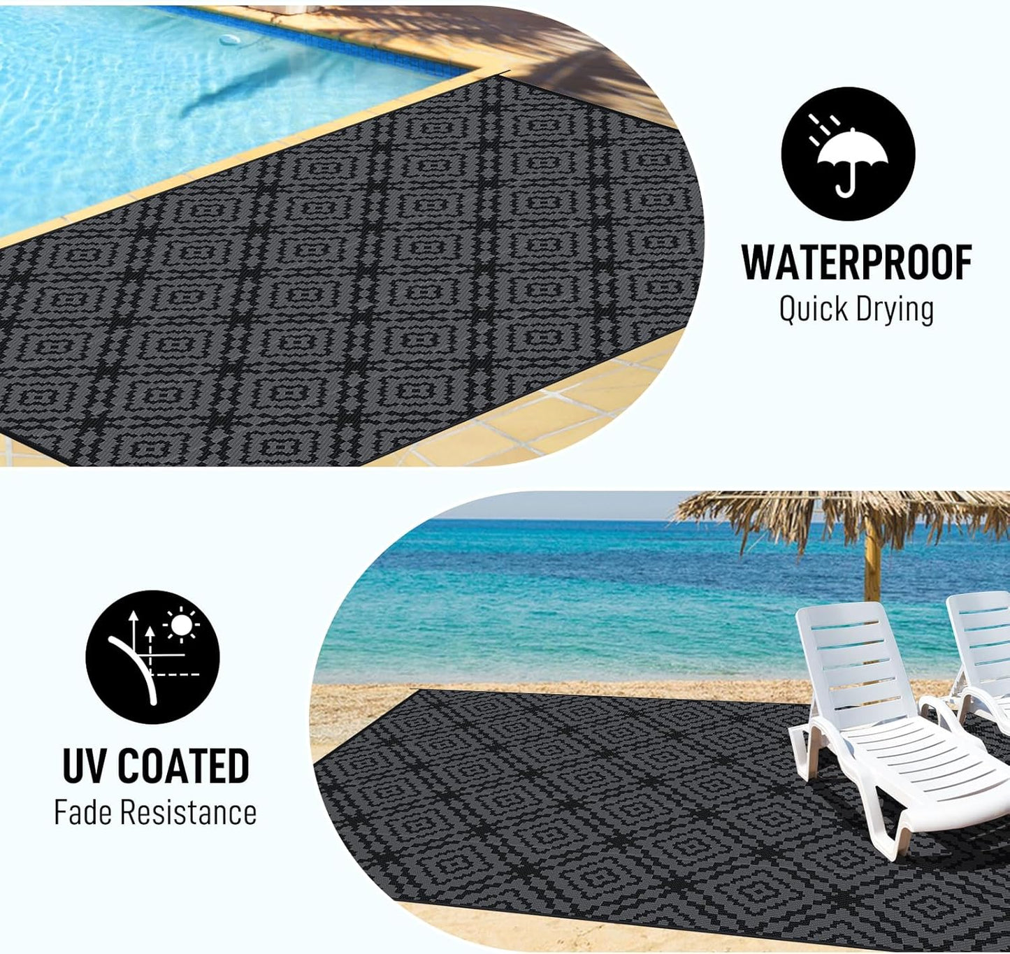 Outdoor Camping Rug Waterproof 9x18FT, Large Reversible Stain&UV Resistant Plastic Straw RV Rug for Outside Patio Pool Deck Beach Indoor, Area Carpet Mat with Portable Bag&4 Stakes-Black Grey Rhombus