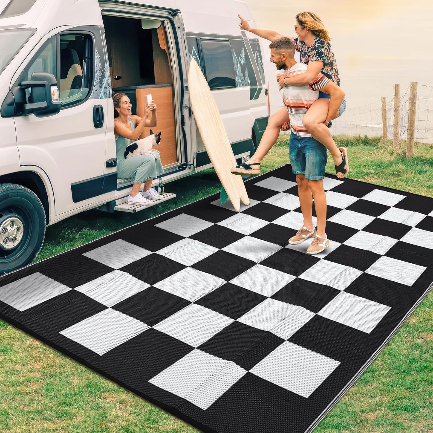 GarveeHome Large Outdoor Rug 9 x 18 Waterproof Modern Checkboard Plastic Straw Rug, Foldable Reversible Camping Mat, UV-Resistant Geometric Plaid Woven Carpet for Picnic, Deck, Black Gray