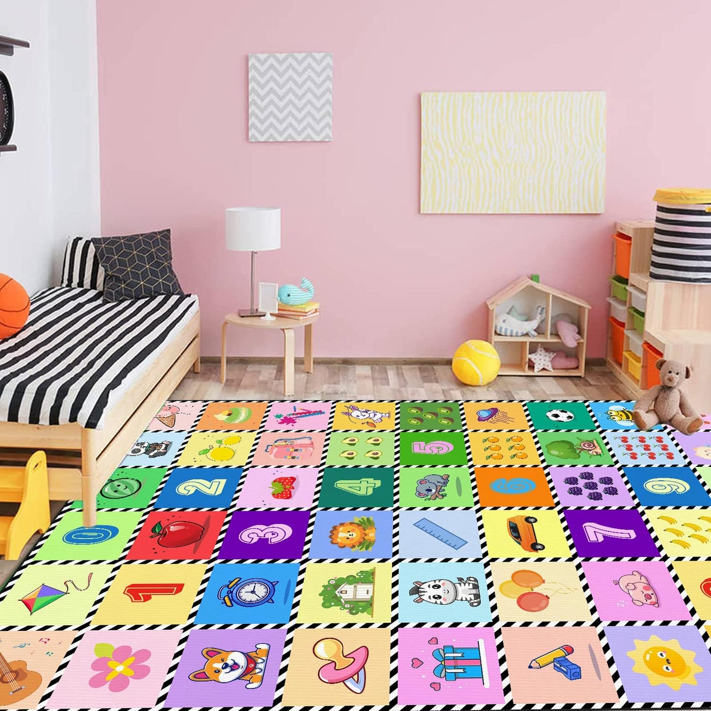 Kids Number Alphabet Game Rug - ABC Educational Area Rug - Fruit Animal Pattern for Kids Room Playroom Bedroom Kindergarten Nursery Soft Non-slip Machine Washable (Alphabet, 12' x 9' (Rectangular))