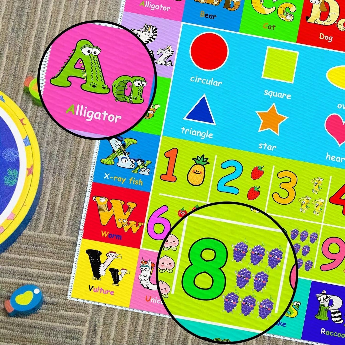 Kids Alphabet Play Game Rug - 7'x10' ABC Numbers and Shapes Educational Learning Toddler Carpet - Kids Room Playroom Classroom Kindergarten Activity Fun Soft Non-Slip Mat