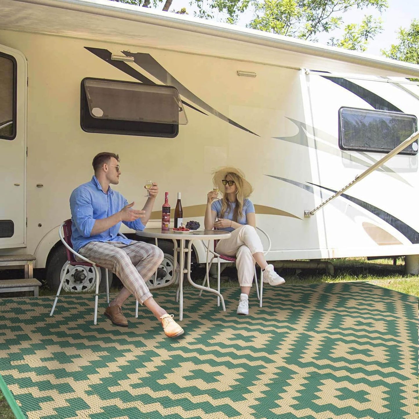 Outdoor Patio Plastic Straw Rug - 9x18 ft Outdoor Camping Rug Waterproof Reversible, Area Carpet Patios Clearance RV, Outside Porch Balcony Deck for Camper, Black & White