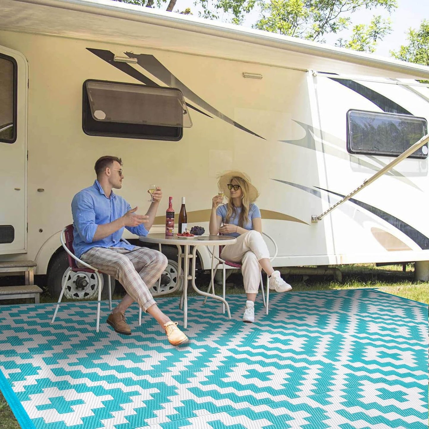 Outdoor Patio Plastic Straw Rug - 9x18 ft Outdoor Camping Rug Waterproof Reversible, Area Carpet Patios Clearance RV, Outside Porch Balcony Deck for Camper, Black & White