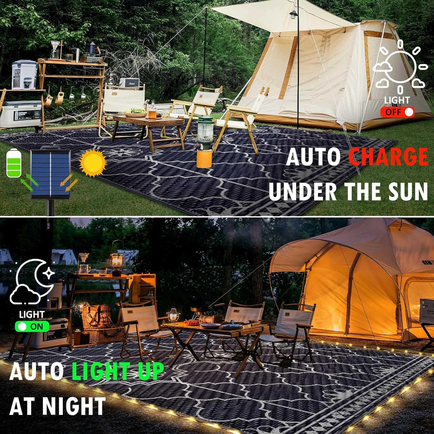 8x10Ft Outdoor Rug, Solar Powered Outdoor Rug with 113LEDs Strip Lights, Waterproof Plastic Reversible Outdoor Straw Rugs, Rugs Mat for House Deck RV Camping Patio Beach Balcony Picnic (Blue White)