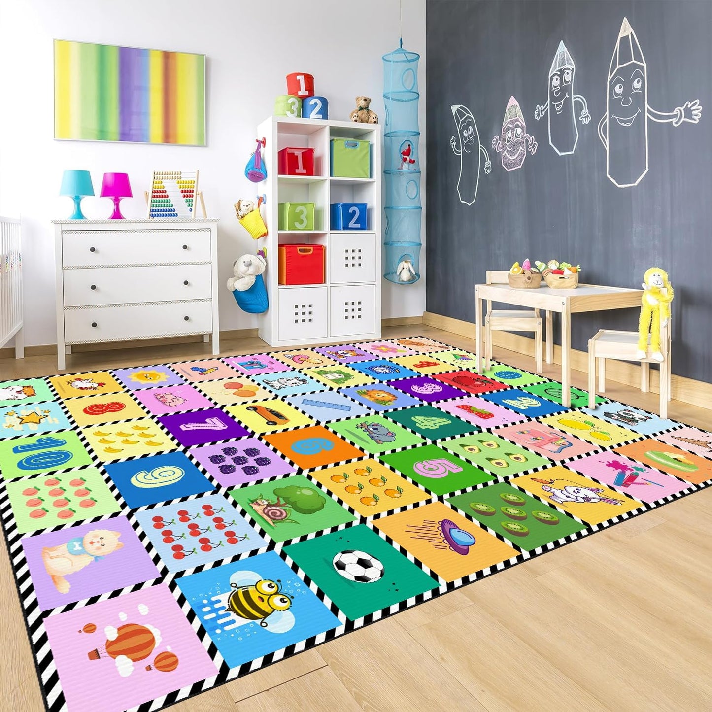 Kids Number Alphabet Game Rug - ABC Educational Area Rug - Fruit Animal Pattern for Kids Room Playroom Bedroom Kindergarten Nursery Soft Non-slip Machine Washable (Alphabet, 12' x 9' (Rectangular))